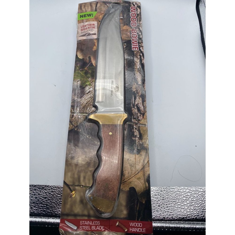 Mossy Oak Wood Bowie  14 inch Stainless Blade with Leather Sheath